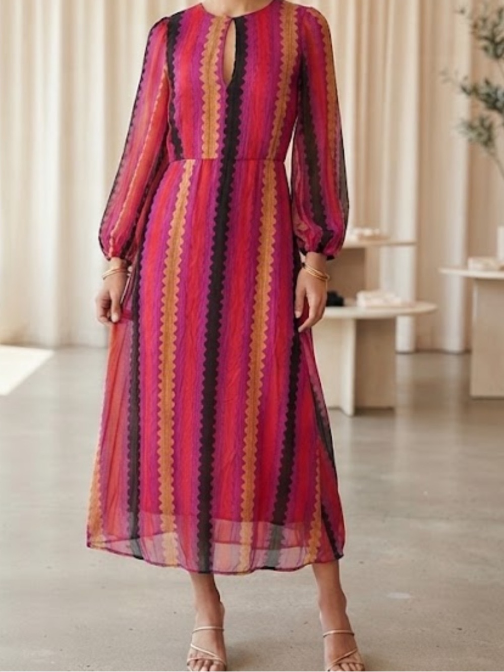 Oliphant TUCKERNUCK Meko Pink Geometric Long Sleeve Cotton Silk maxi dress M